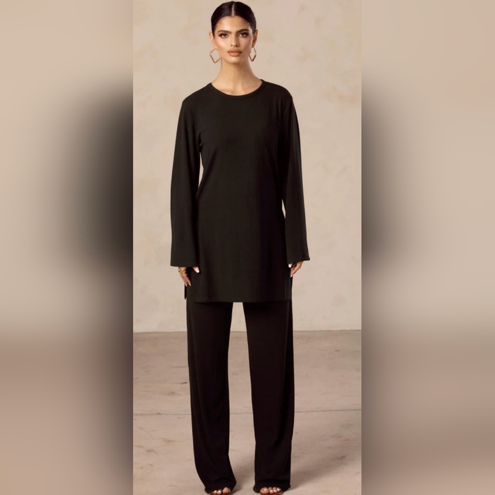 Veiled Collection Hannah Ribbed Tunic & Pants Matching Set - Black Size L